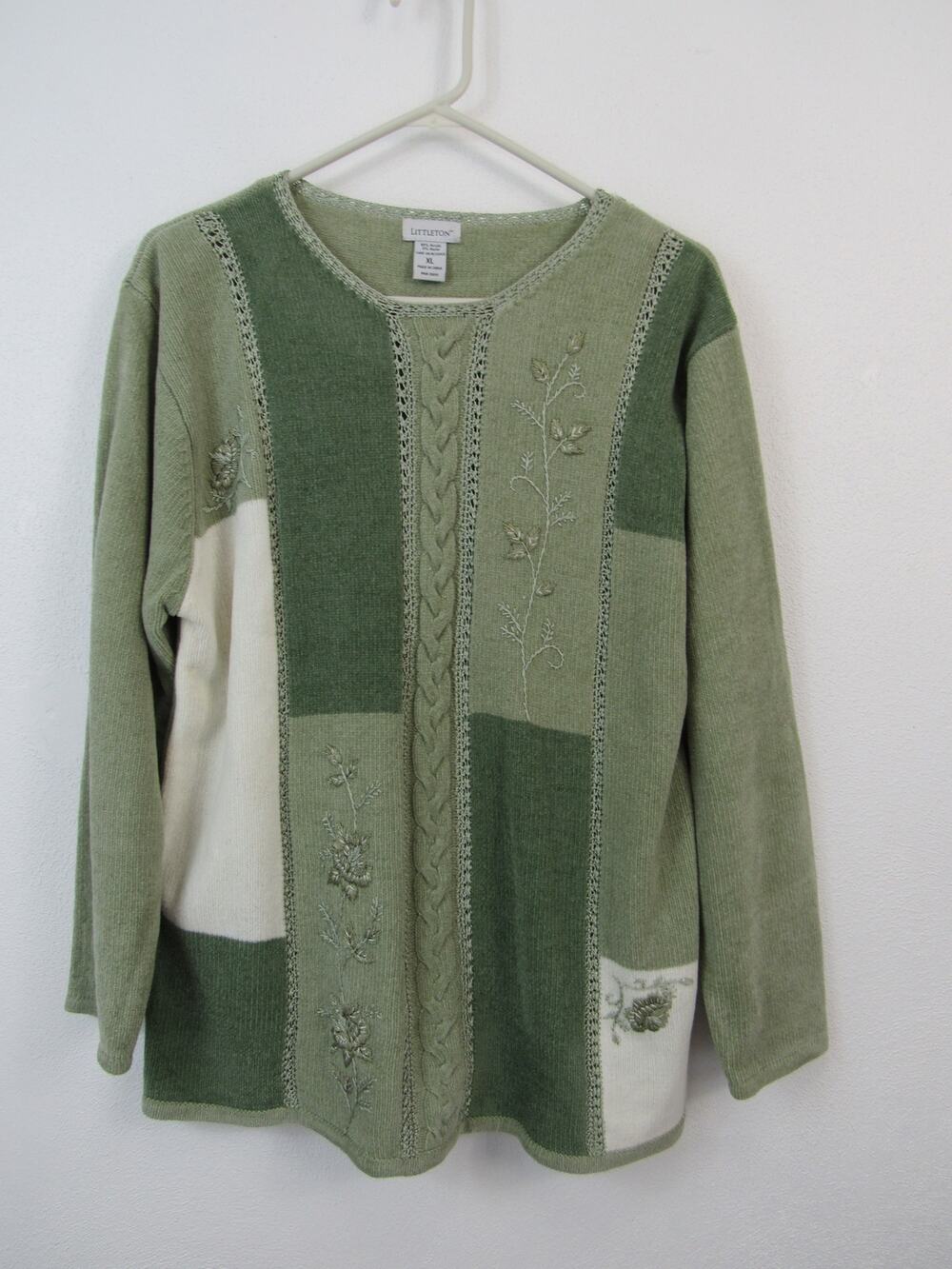 Vintage Littleton XL Chenille Patchwork Sweater Sage Green White Embroidered